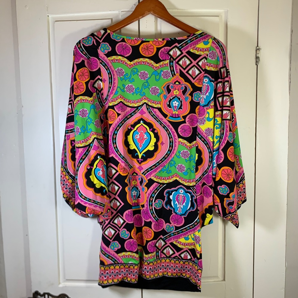 Trina Turk Womens Small Psychedelic Paisley Dolman Sleeve Tunic Top Dopamine - Picture 7 of 8